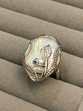 Silver Leaf Baroque Pearl Accent Statement Ring 17